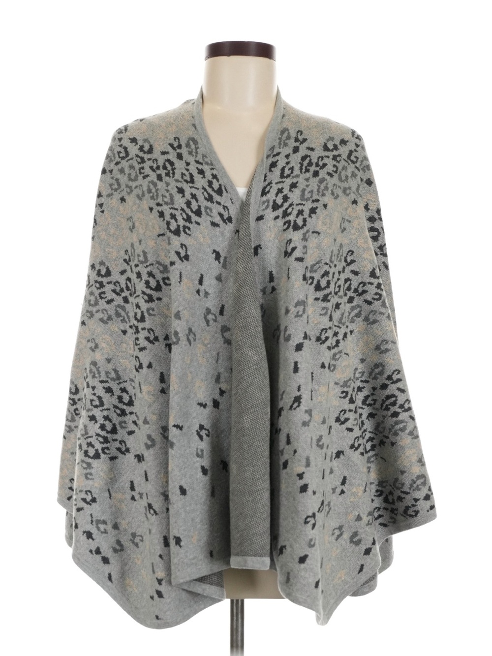 CAbi Grey and Cream Leopard-Print Wrap Poncho